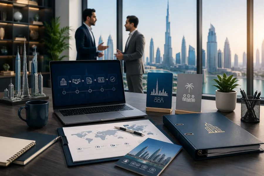 Dubai business setup planning scene with laptop, documents, and Burj Khalifa view