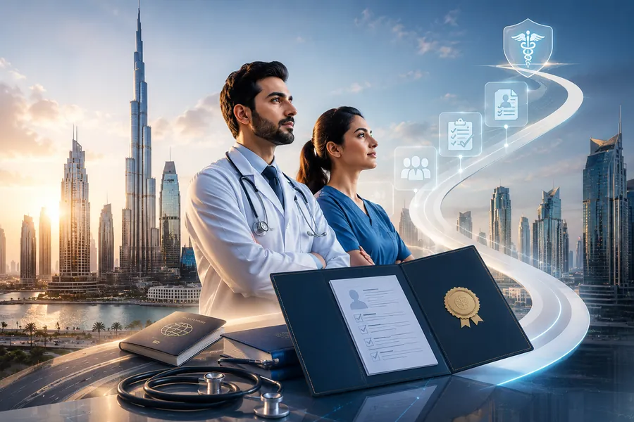 Doctor and nurse in Dubai with healthcare licensing checklist graphics