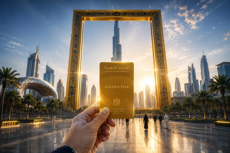 Golden Visa card held in front of Dubai Frame and Dubai skyline