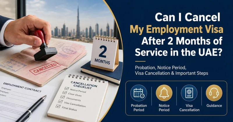 Employment visa cancellation guide graphic with cancelled passport stamp, two-month calendar, and checklist